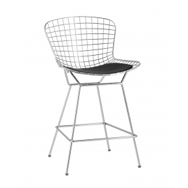 Стул полубарный с низкой спинкой Bertoia хромированный с черной подушкой