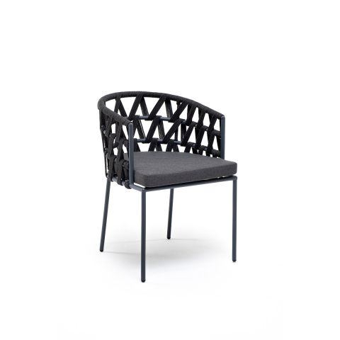 Стул Диего плетеный из роупа, каркас из стали серый (RAL7022) муар, роуп темно-серый круглый, ткань темно-серая 027