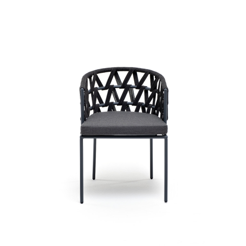 Стул Диего плетеный из роупа, каркас из стали серый (RAL7022) муар, роуп темно-серый круглый, ткань темно-серая 027