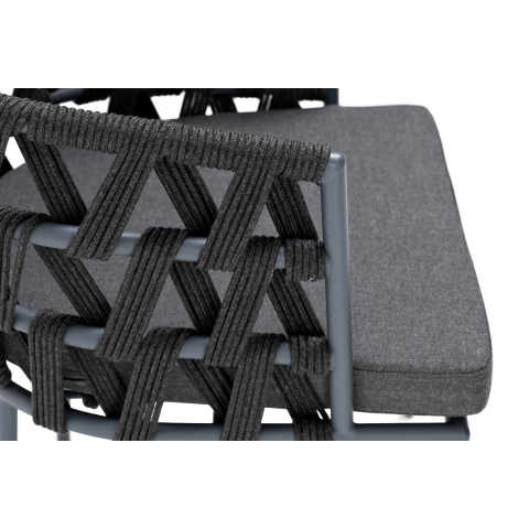 Стул Диего плетеный из роупа, каркас из стали серый (RAL7022) муар, роуп темно-серый круглый, ткань темно-серая 027