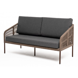 Диван Канны 2-местный плетеный из роупа, каркас алюминий коричневый (RAL8016) муар, роуп коричневый круглый, ткань темно-серая 027