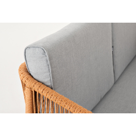 "Канны" диван 2-местный плетеный из роупа, каркас алюминий светло-серый (RAL7035) муар, роуп оранжевый меланж круглый, ткань светло-серая