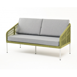 Диван Канны 2-местный плетеный из роупа, каркас алюминий светло-серый (RAL7035) муар, роуп салатовый меланж круглый, ткань светло-серая