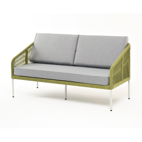 Диван Канны 2-местный плетеный из роупа, каркас алюминий светло-серый (RAL7035) муар, роуп салатовый меланж круглый, ткань светло-серая