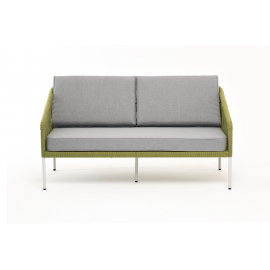 Диван Канны 2-местный плетеный из роупа, каркас алюминий светло-серый (RAL7035) муар, роуп салатовый меланж круглый, ткань светло-серая