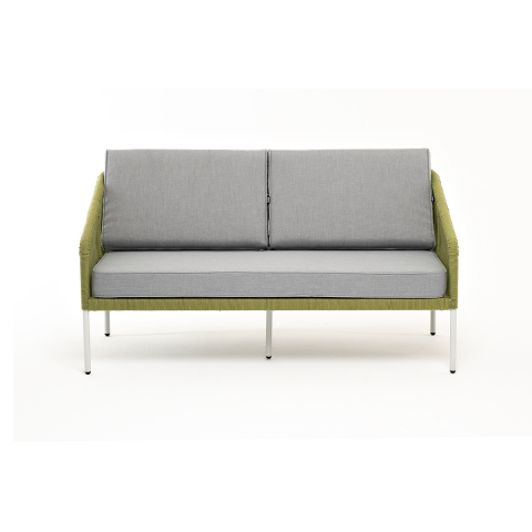 Диван Канны 2-местный плетеный из роупа, каркас алюминий светло-серый (RAL7035) муар, роуп салатовый меланж круглый, ткань светло-серая