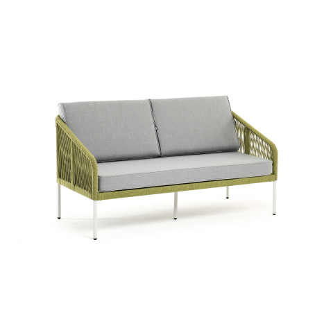Диван Канны 2-местный плетеный из роупа, каркас алюминий светло-серый (RAL7035) муар, роуп салатовый меланж круглый, ткань светло-серая