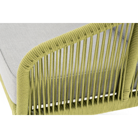 Диван Канны 2-местный плетеный из роупа, каркас алюминий светло-серый (RAL7035) муар, роуп салатовый меланж круглый, ткань светло-серая