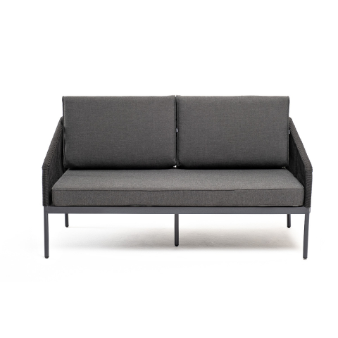 "Канны" диван 2-местный плетеный из роупа, каркас алюминий темно-серый (RAL7024) муар, роуп темно-серый круглый, ткань темно-серая 027