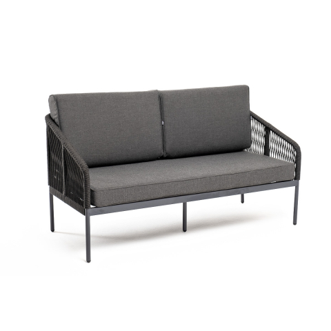 "Канны" диван 2-местный плетеный из роупа, каркас алюминий темно-серый (RAL7024) муар, роуп темно-серый круглый, ткань темно-серая 027