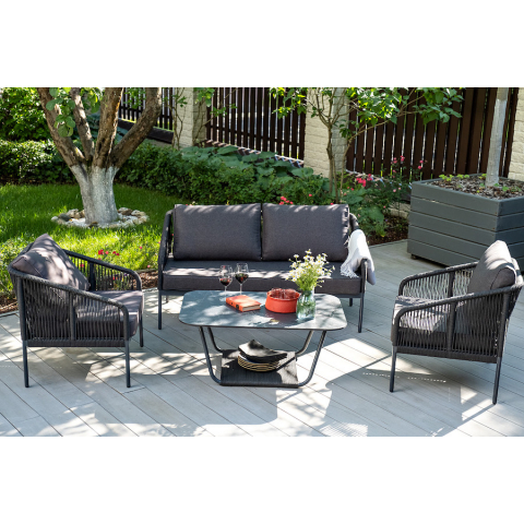 "Канны" диван 2-местный плетеный из роупа, каркас алюминий темно-серый (RAL7024) муар, роуп темно-серый круглый, ткань темно-серая 027