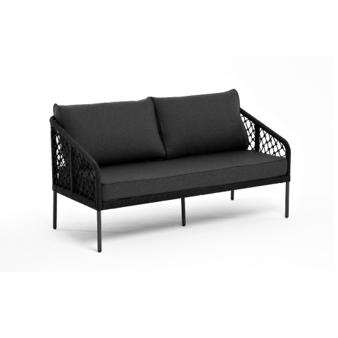 Диван Канны 2-местный плетеный из роупа (узелки), каркас алюминий темно-серый (RAL7024) муар, роуп темно-серый круглый, ткань темно-серая 027