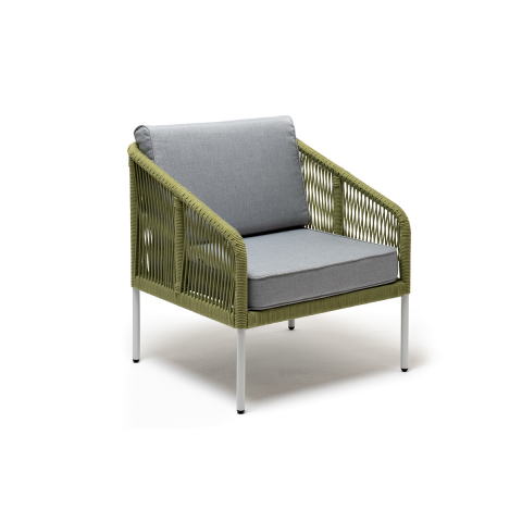 Кресло Канны плетеное из роупа, каркас алюминий светло-серый (RAL7035) муар, роуп салатовый меланж круглый, ткань светло-серая