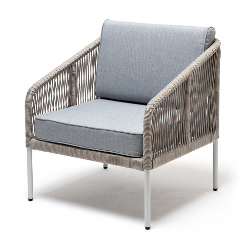 Плетенное кресло Канны из роупа, каркас алюминий светло-серый (RAL7035) муар, роуп светло-серый круглый, ткань светло-серая