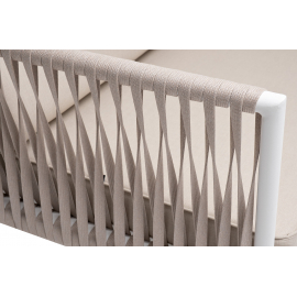 Диван Касабланка 2-местный плетеный из роупа, каркас алюминий белый муар, роуп бежевый 20мм, ткань бежевая 15052