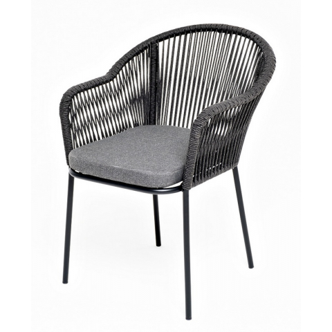 "Лион" стул плетеный из роупа, каркас из стали темно-серый (RAL7024) муар, роуп темно-серый круглый, ткань темно-серая 027