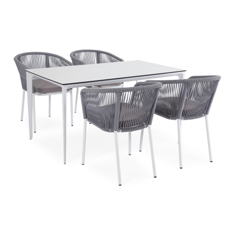 Обеденная группа Малага на 4 персоны со стульями "Марсель", каркас белый, роуп светло-серый