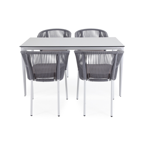 Обеденная группа Малага на 4 персоны со стульями "Марсель", каркас белый, роуп светло-серый