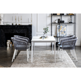 Обеденная группа Малага на 4 персоны со стульями "Марсель", каркас белый, роуп светло-серый