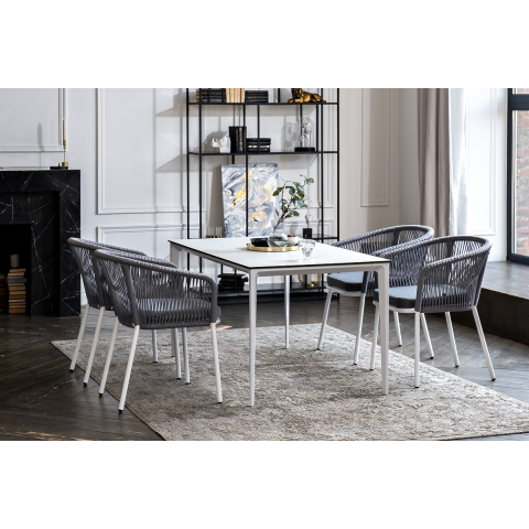 Обеденная группа Малага на 4 персоны со стульями "Марсель", каркас белый, роуп светло-серый