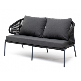 Диван Милан 2-местный плетеный из роупа, каркас алюминий темно-серый (RAL7024) муар, роуп темно-серый круглый, ткань темно-серая 027