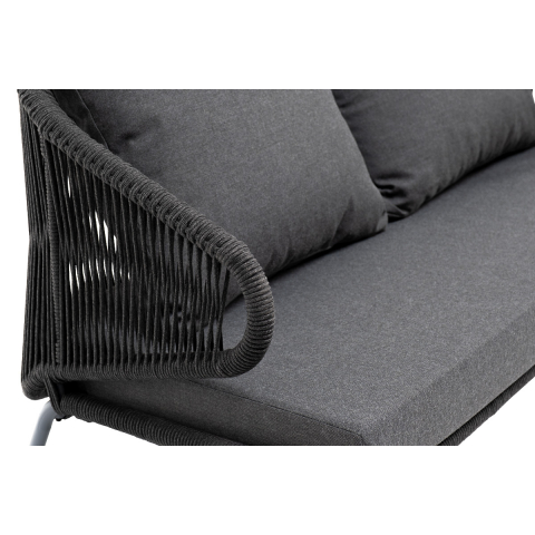 Диван Милан 2-местный плетеный из роупа, каркас алюминий темно-серый (RAL7024) муар, роуп темно-серый круглый, ткань темно-серая 027