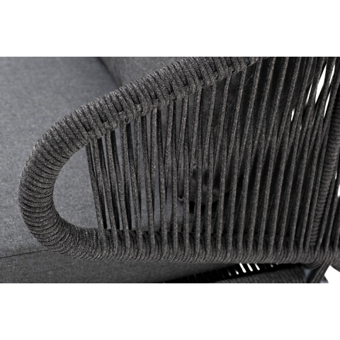 Диван Милан 2-местный плетеный из роупа, каркас алюминий темно-серый (RAL7024) муар, роуп темно-серый круглый, ткань темно-серая 027