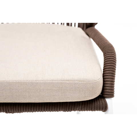 Стул Милан плетеный из роупа, каркас алюминий белый муар, роуп коричневый круглый, ткань бежевая 052