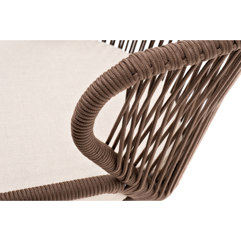 Стул Милан плетеный из роупа, каркас алюминий белый муар, роуп коричневый круглый, ткань бежевая 052
