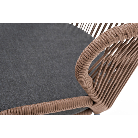 Стул Милан плетеный из роупа, каркас алюминий серый (RAL7022) муар, роуп коричневый круглый, ткань темно-серая 027