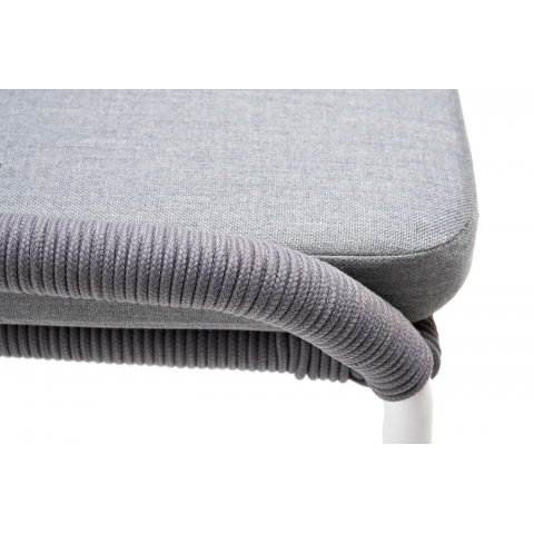 Стул Милан плетеный из роупа, каркас алюминий белый муар, роуп светло-серый круглый, ткань светло-серая
