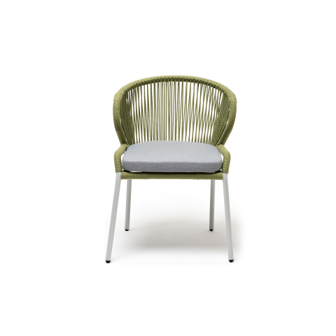 Стул Милан плетеный из роупа, каркас алюминий светло-серый (RAL7035) муар, роуп салатовый меланж круглый, ткань светло-серая