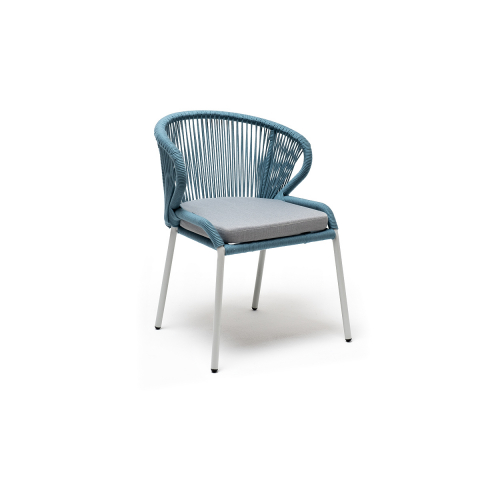 Плетенный стул Милан из роупа, каркас алюминий светло-серый (RAL7035) шагрень, роуп бирюзовый круглый, ткань светло-серая