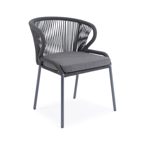 Стул Милан плетение из роупа, каркас алюминий темно-серый (RAL7024) муар, роуп темно-серый круглый, ткань темно-серая 027