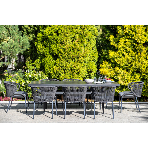 Стул Милан плетение из роупа, каркас алюминий темно-серый (RAL7024) муар, роуп темно-серый круглый, ткань темно-серая 027