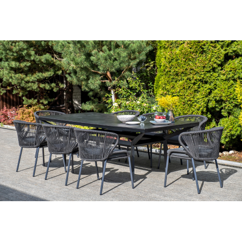 Стул Милан плетение из роупа, каркас алюминий темно-серый (RAL7024) муар, роуп темно-серый круглый, ткань темно-серая 027