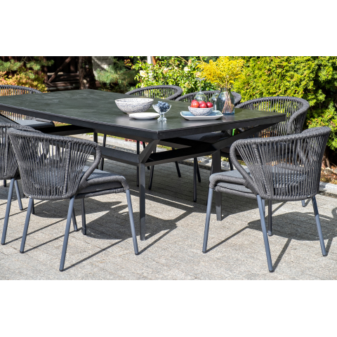 Стул Милан плетение из роупа, каркас алюминий темно-серый (RAL7024) муар, роуп темно-серый круглый, ткань темно-серая 027