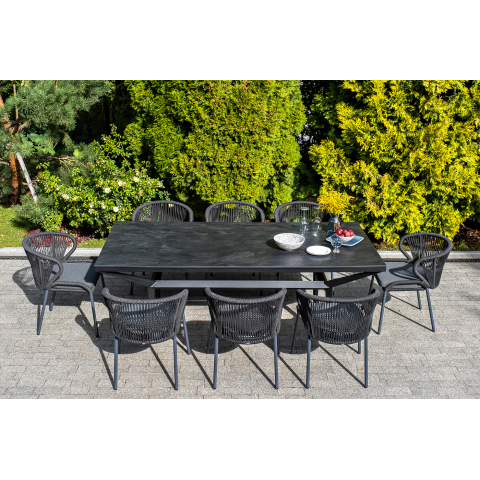 Стул Милан плетение из роупа, каркас алюминий темно-серый (RAL7024) муар, роуп темно-серый круглый, ткань темно-серая 027