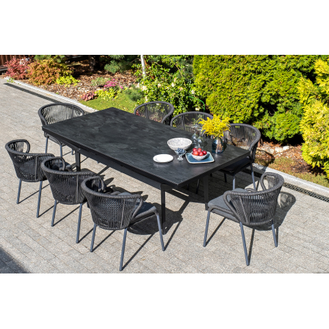 Стул Милан плетение из роупа, каркас алюминий темно-серый (RAL7024) муар, роуп темно-серый круглый, ткань темно-серая 027