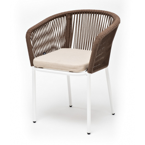 Стул Марсель плетеный из роупа, каркас алюминий белый муар, роуп коричневый круглый, ткань бежевая 052