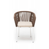 Стул Марсель плетеный из роупа, каркас алюминий белый муар, роуп коричневый круглый, ткань бежевая 052