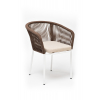 Стул Марсель плетеный из роупа, каркас алюминий белый муар, роуп коричневый круглый, ткань бежевая 052