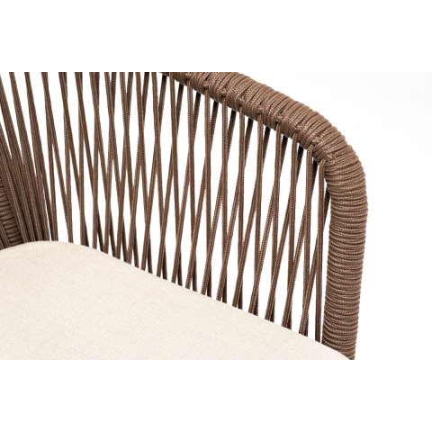 Стул Марсель плетеный из роупа, каркас алюминий белый муар, роуп коричневый круглый, ткань бежевая 052