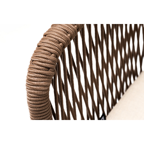 Стул Марсель плетеный из роупа, каркас алюминий белый муар, роуп коричневый круглый, ткань бежевая 052