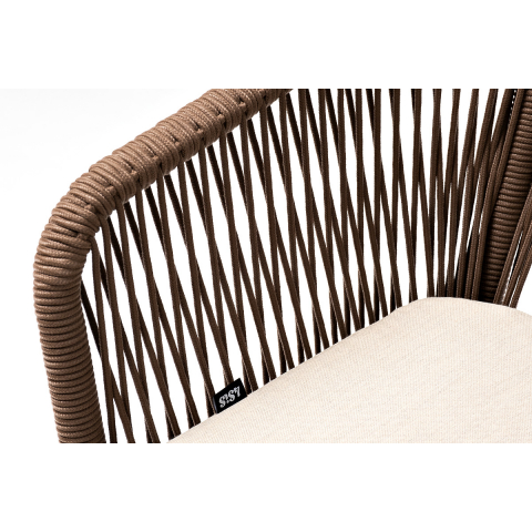 Стул Марсель плетеный из роупа, каркас алюминий белый муар, роуп коричневый круглый, ткань бежевая 052