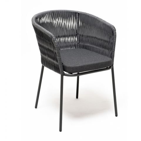 Стул Бордо плетеный из роупа (колос), каркас алюминий темно-серый (RAL7024) муар, роуп серый 15мм, ткань темно-серая 027