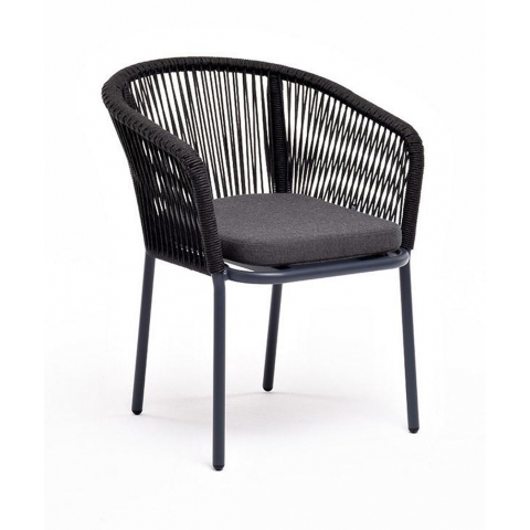 Стул Марсель плетеный из роупа, каркас алюминий темно-серый (RAL7024) муар, роуп темно-серый круглый, ткань темно-серая 027