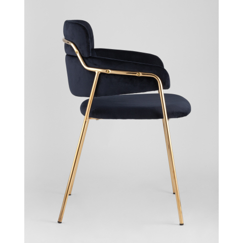 Стул Полин с подлокотниками темно-синий велюр, металлический каркас золотой